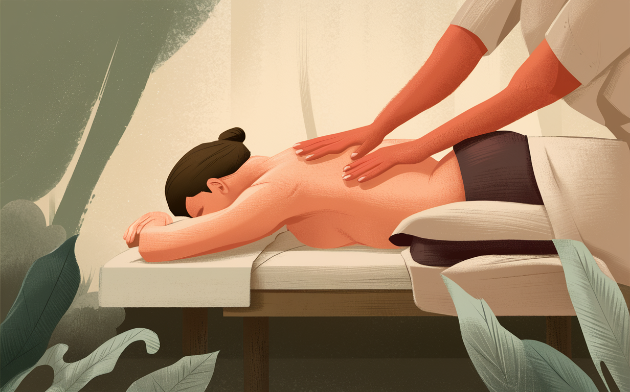The Healing Touch: Massage Therapy for Relaxation An illustration depicting a person receiving a soothing massage, with skilled hands applying gentle pressure to the back, promoting relaxation and stress relief through the power of therapeutic touch.