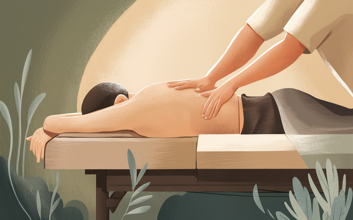 The Rejuvenating Effects of Massage Therapy An illustration depicting a person lying on a massage table, receiving a relaxing massage from a pair of skilled hands, surrounded by a tranquil and serene environment.