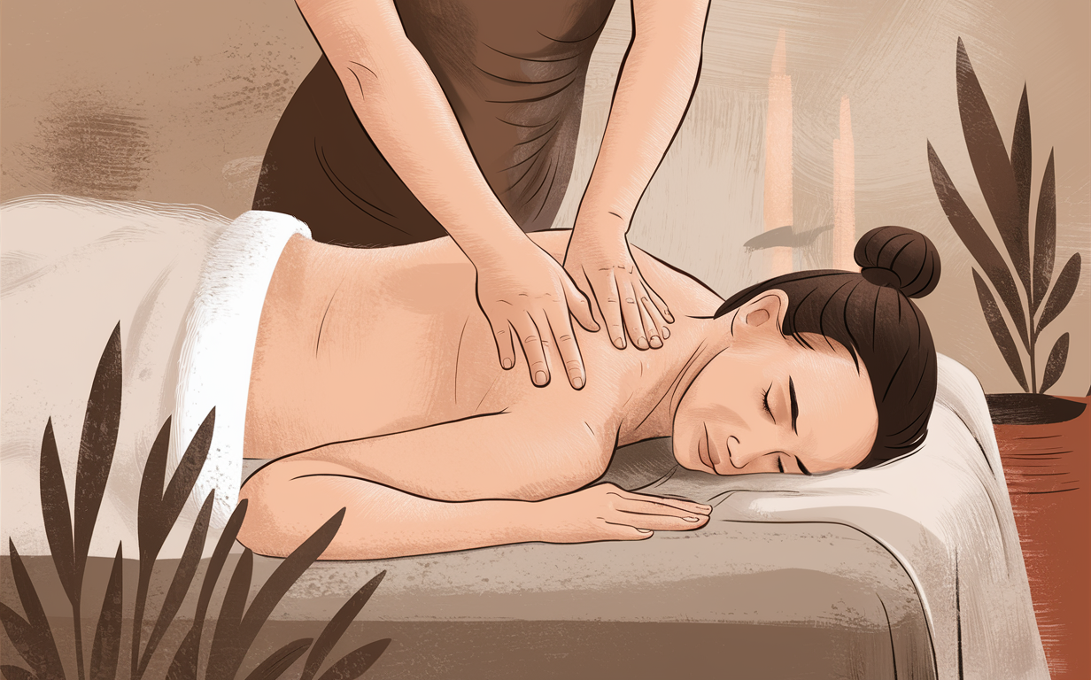 Woman Receiving Relaxing Massage Therapy An illustration of a woman lying on a massage table, eyes closed in relaxation, while a massage therapist's hands provide a soothing massage to her back, surrounded by calming plant illustrations.