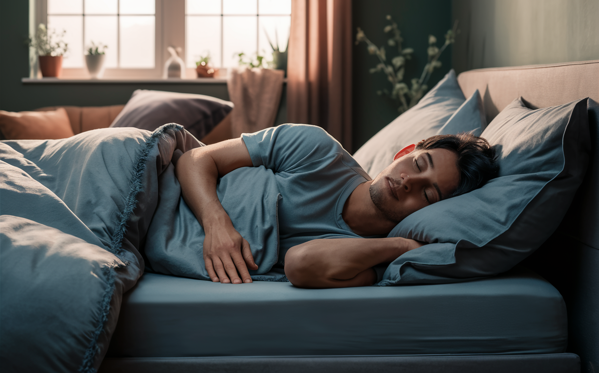 A person lying comfortably on a blue bed, sleeping soundly with their eyes closed and hands resting on the soft bedding, surrounded by a cozy bedroom environment with natural light coming through the windows.
