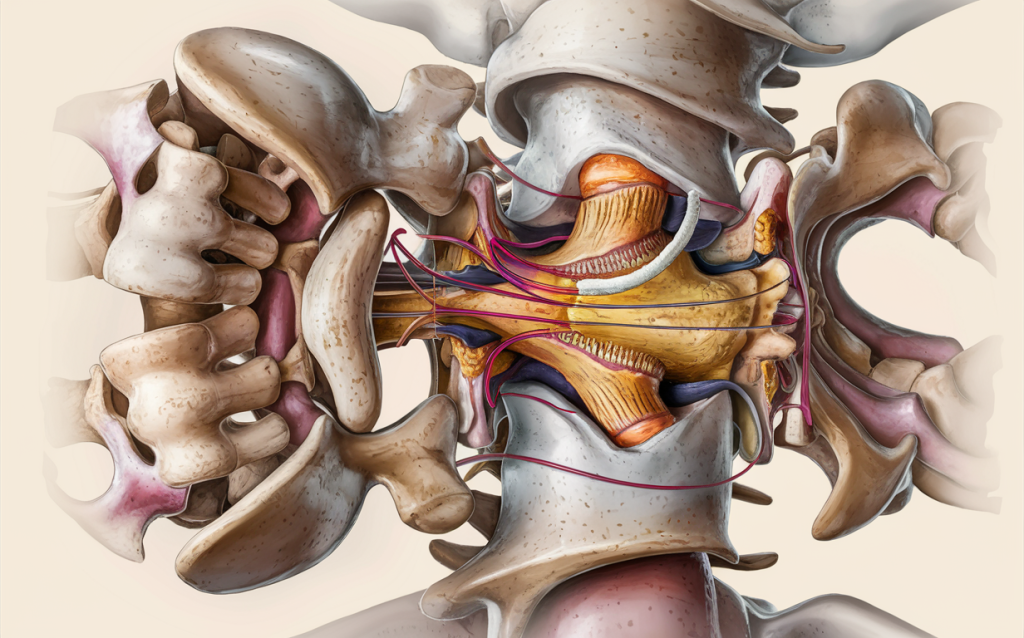 An intricate illustration showcasing the complex anatomy of the upper cervical region, including the vertebrae, discs, nerves, and surrounding muscles and ligaments.