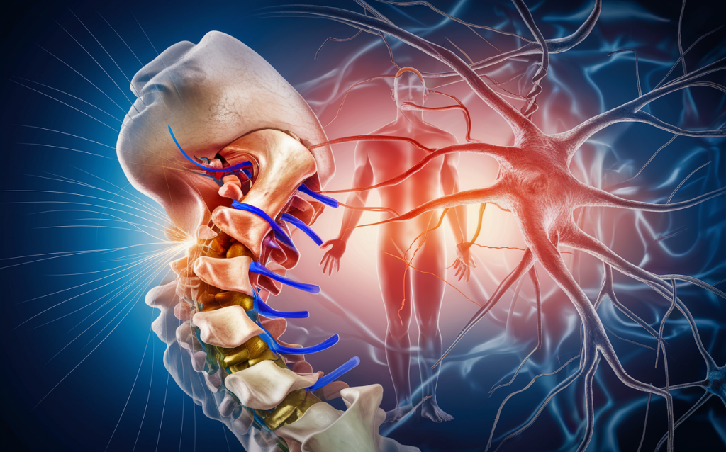 An anatomical illustration depicting the upper cervical spine region and its potential impact on neurological function, with highlighted nerves and a ghostly human figure in the background.