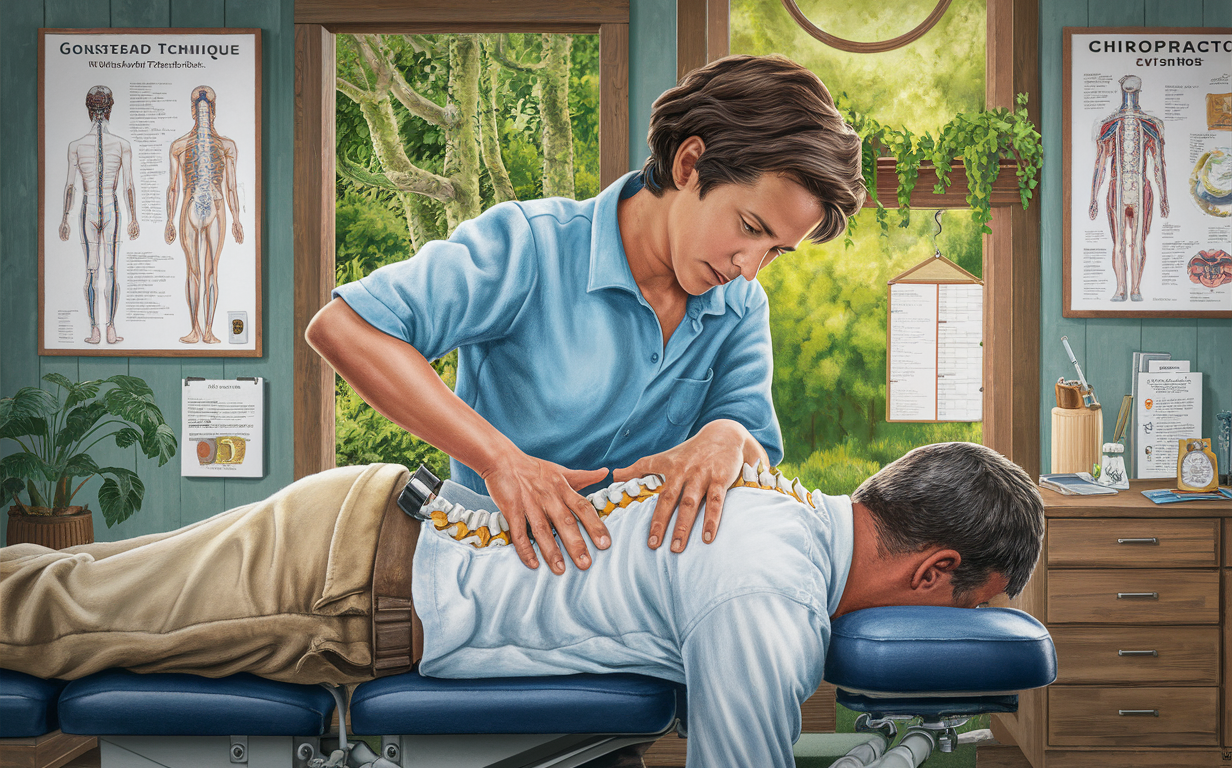 Chiropractic Adjustment Session in a Cozy Office Setting A chiropractor performing a spinal adjustment on a patient lying on a treatment table in a cozy office decorated with anatomical charts and plants.