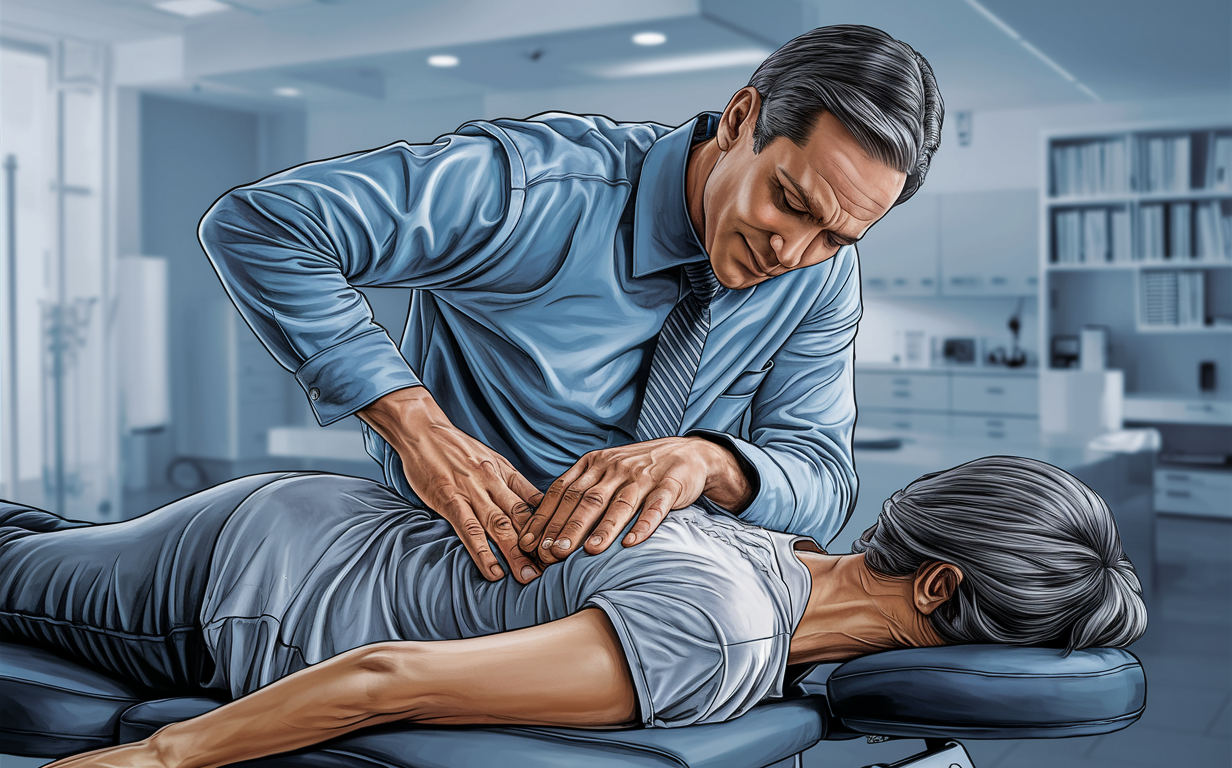 Chiropractor Performing Gonstead Adjustment on Patient A chiropractor leaning over a patient lying on a treatment table, applying a gentle adjustment using the Gonstead chiropractic technique in a clinical setting.