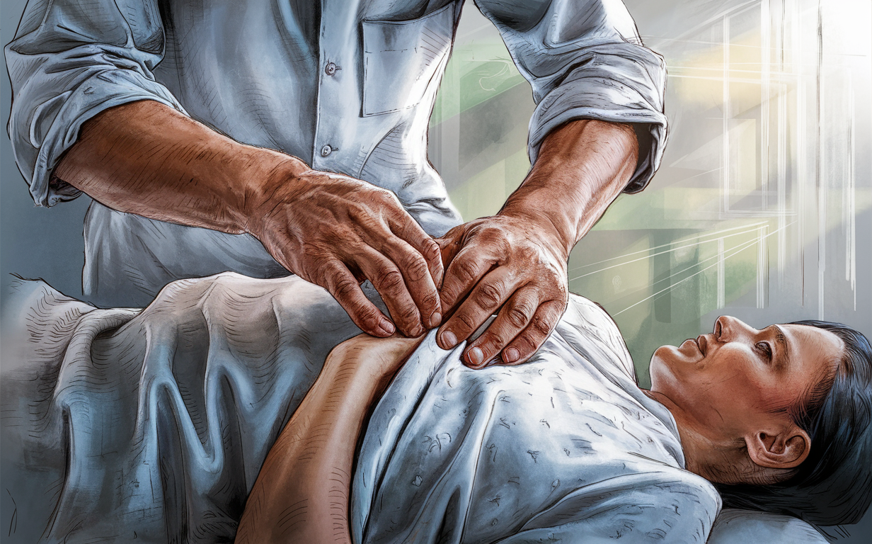 Gonstead Chiropractic Adjustment A chiropractor performing a Gonstead chiropractic adjustment on a patient's spine using their hands and a specialized adjusting instrument.