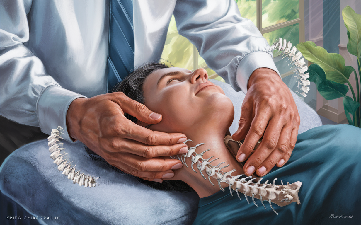 An illustration depicting a chiropractic adjustment being performed on a patient's neck and upper spine area to promote better health and well-being.