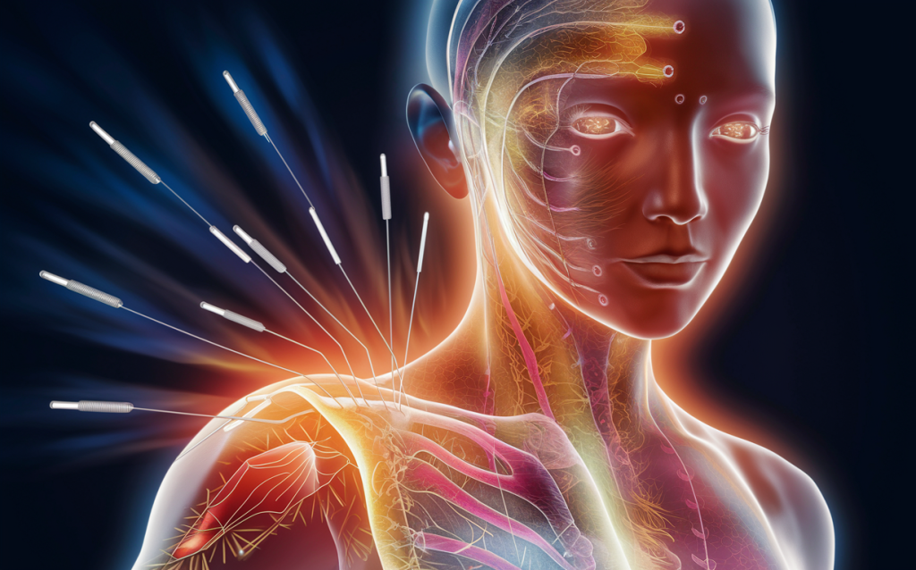 An illustration depicting the human body's energetic pathways and acupuncture points, highlighting the potential benefits of acupuncture for supporting the immune system and preventing diseases. blair upper cervical technique 