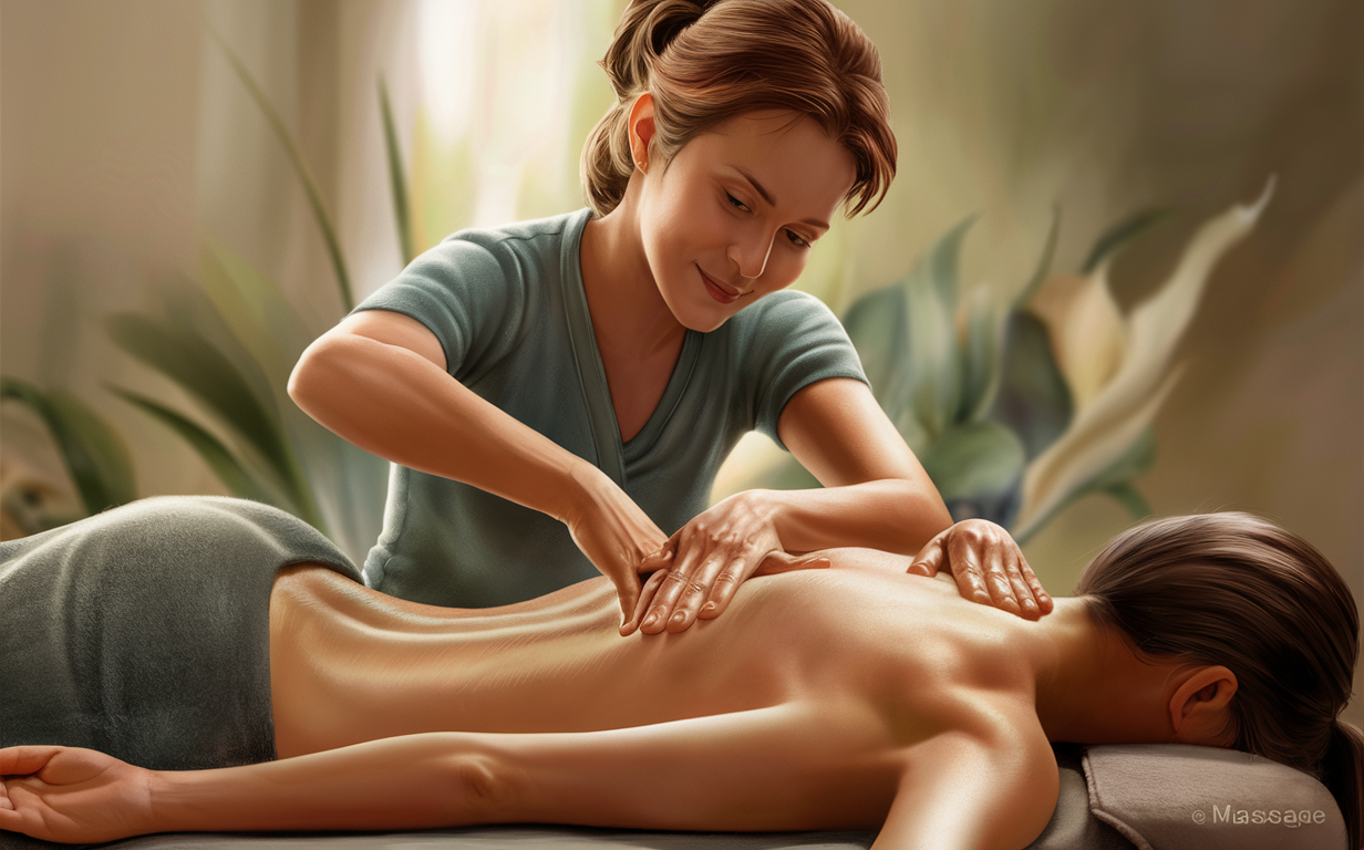 Massage Therapist Providing Therapeutic Treatment An image depicting a massage therapist applying massage techniques to improve circulation and lymphatic drainage on a client lying on a massage table, surrounded by plants in a relaxing environment.