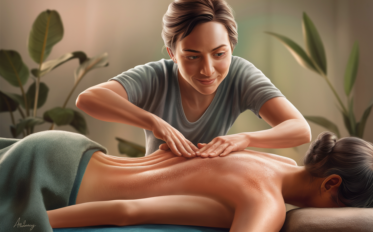 Massage Therapy for Improved Circulation and Lymphatic Flow An illustration depicting a massage therapist's hands applying pressure to a person's back, with colorful swirling patterns representing improved circulation and lymphatic drainage