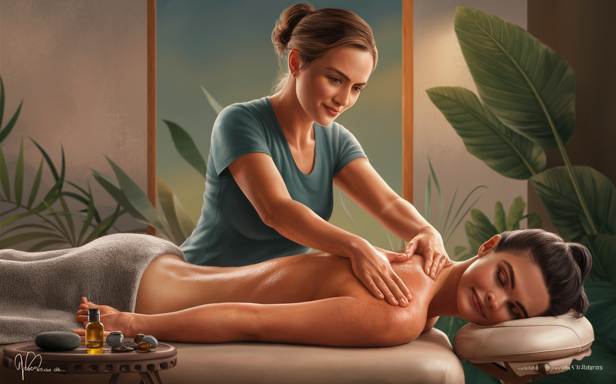 Massage Therapy Session for Boosting Circulation and Lymphatic Drainage A massage therapist providing a therapeutic massage aimed at improving circulation and lymphatic drainage for a client lying on a massage table surrounded by plants.