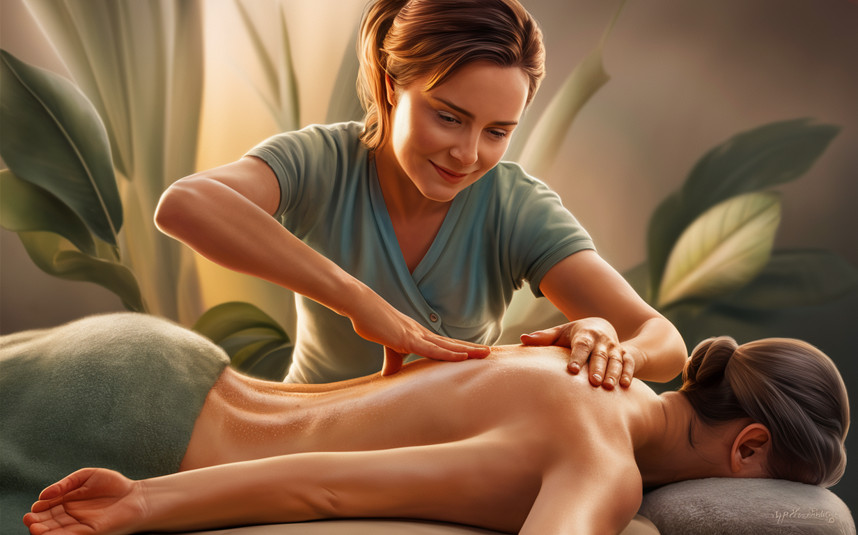 Massage Therapy Session for Improved Circulation and Lymphatic Drainage A massage therapist providing a therapeutic massage to a client, focusing on techniques to boost circulation and lymphatic drainage in the body