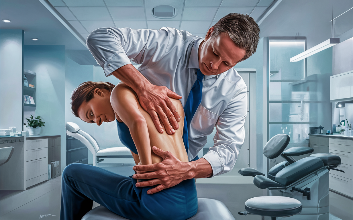 Chiropractor Performing Spinal Adjustment An illustration of a chiropractor adjusting the spine of a patient lying on a treatment table in a chiropractic office setting