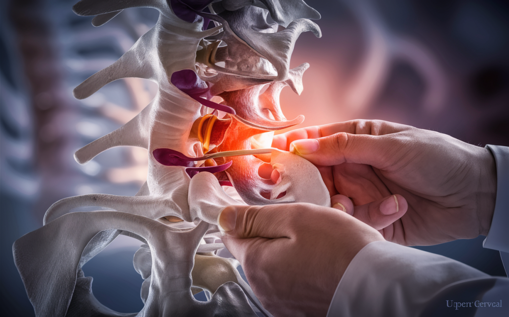 An illustration depicting an upper cervical chiropractic adjustment technique, showing a hand adjusting the upper spine region with highlighted vertebrae and surrounding anatomy. Unlock the Incredible Truth About Chiropractic Adjustments