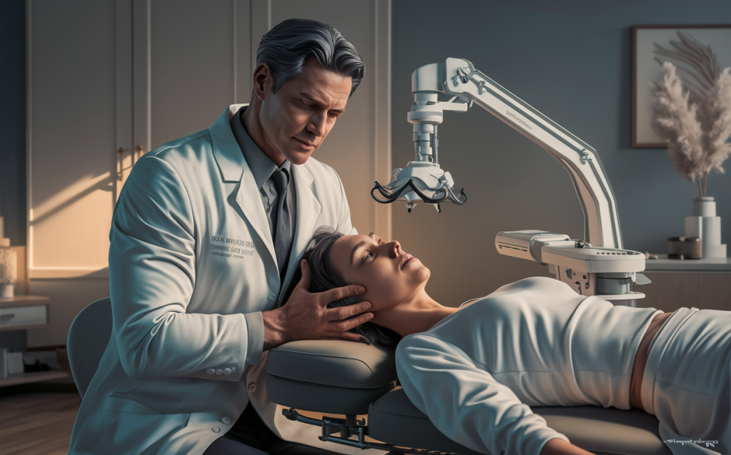 A chiropractor performing an upper cervical adjustment on a patient using specialized equipment in a clinical setting. atlas orthogonal technique in upper cervical chiropractic