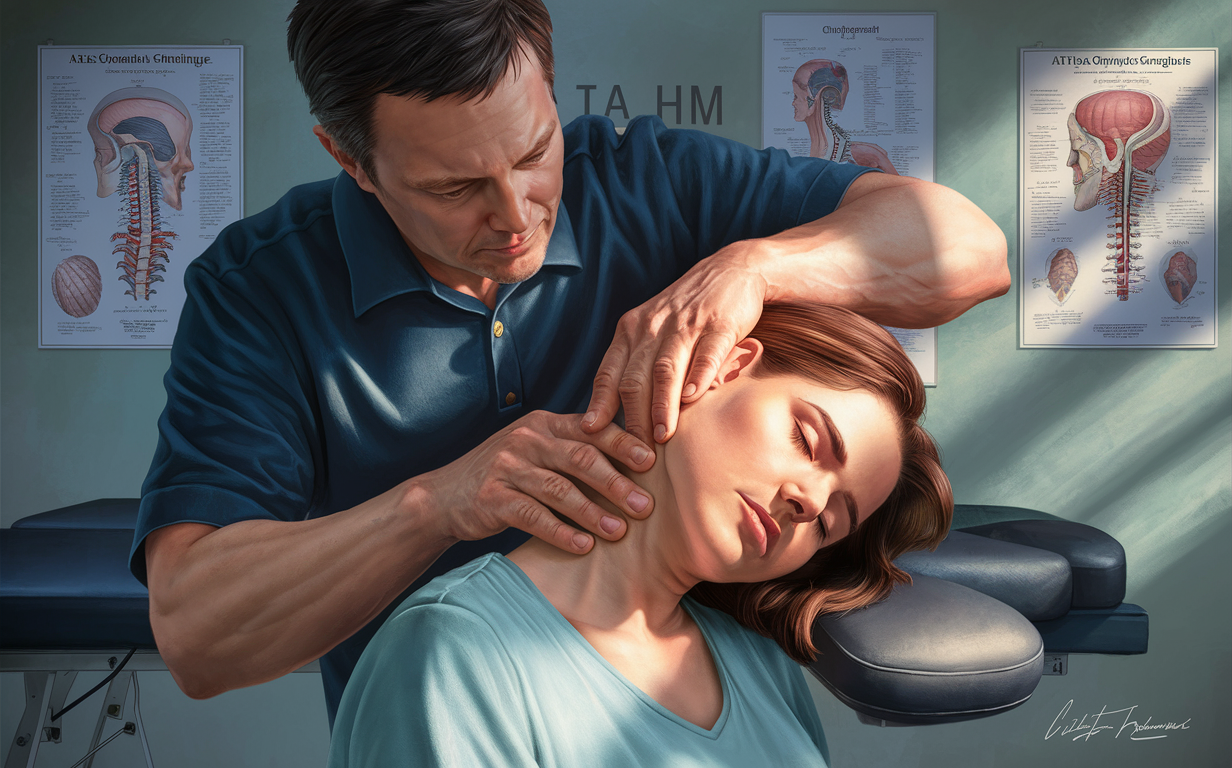 Upper Cervical Chiropractic Adjustment A chiropractor performing an upper cervical adjustment on a patient lying on a table with anatomical charts of the spine in the background