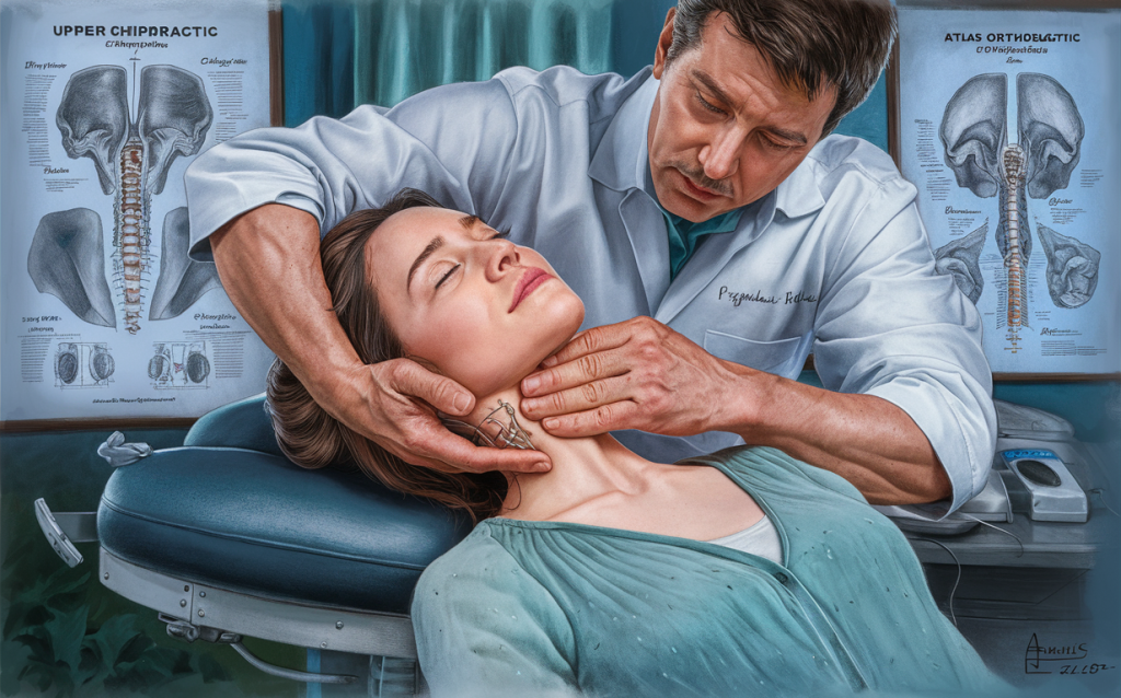 A chiropractor performing an upper cervical adjustment on a patient lying on a treatment table, surrounded by anatomical charts of the spine