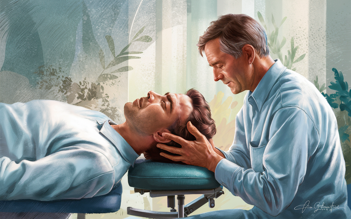 Receiving Blair Upper Cervical Chiropractic Care A chiropractor providing gentle upper cervical spinal adjustment to a patient lying on a treatment table