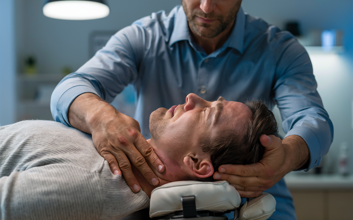 Chiropractor Performing Upper Cervical Adjustment A chiropractor carefully adjusting the upper cervical spine of a patient lying on a treatment table