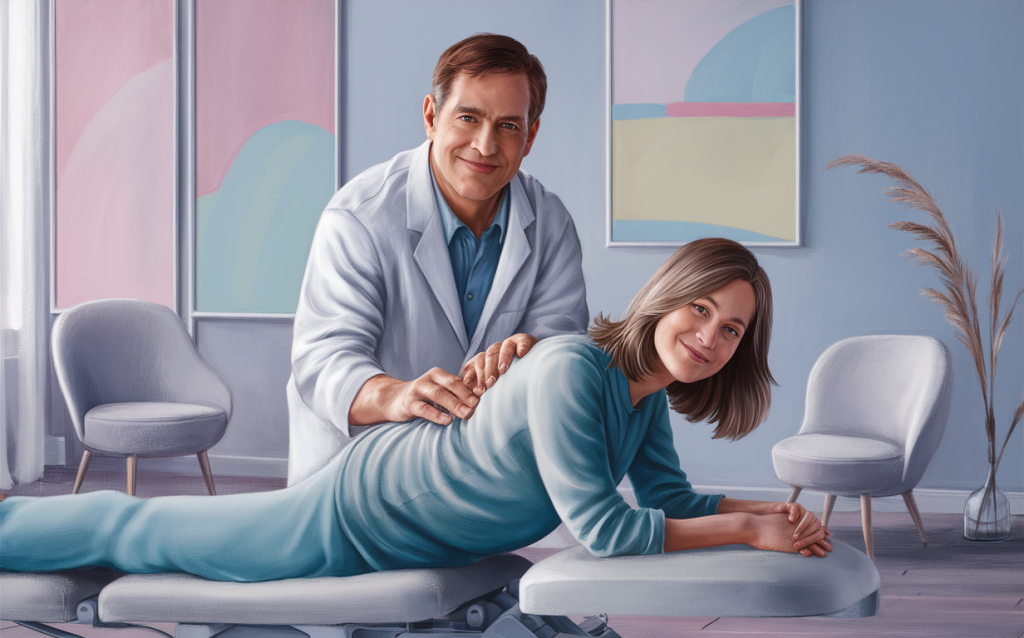 An image depicting a chiropractor gently adjusting a patient lying on a treatment table in a modern, calming office setting, emphasizing the practice of low-force chiropractic techniques.
