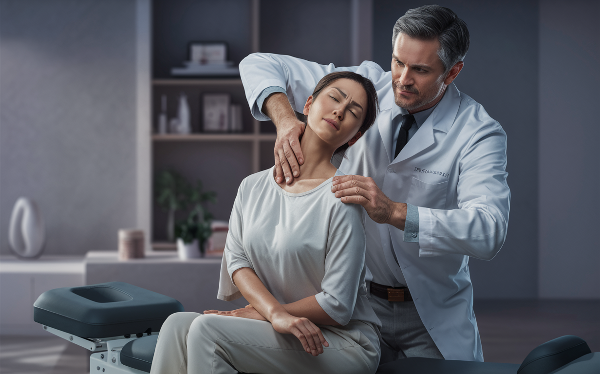 Chiropractor Providing Gentle Spinal Adjustment for Patient A chiropractor gently adjusts the neck of a patient to provide relief from neck pain and headaches in a professional healthcare setting.