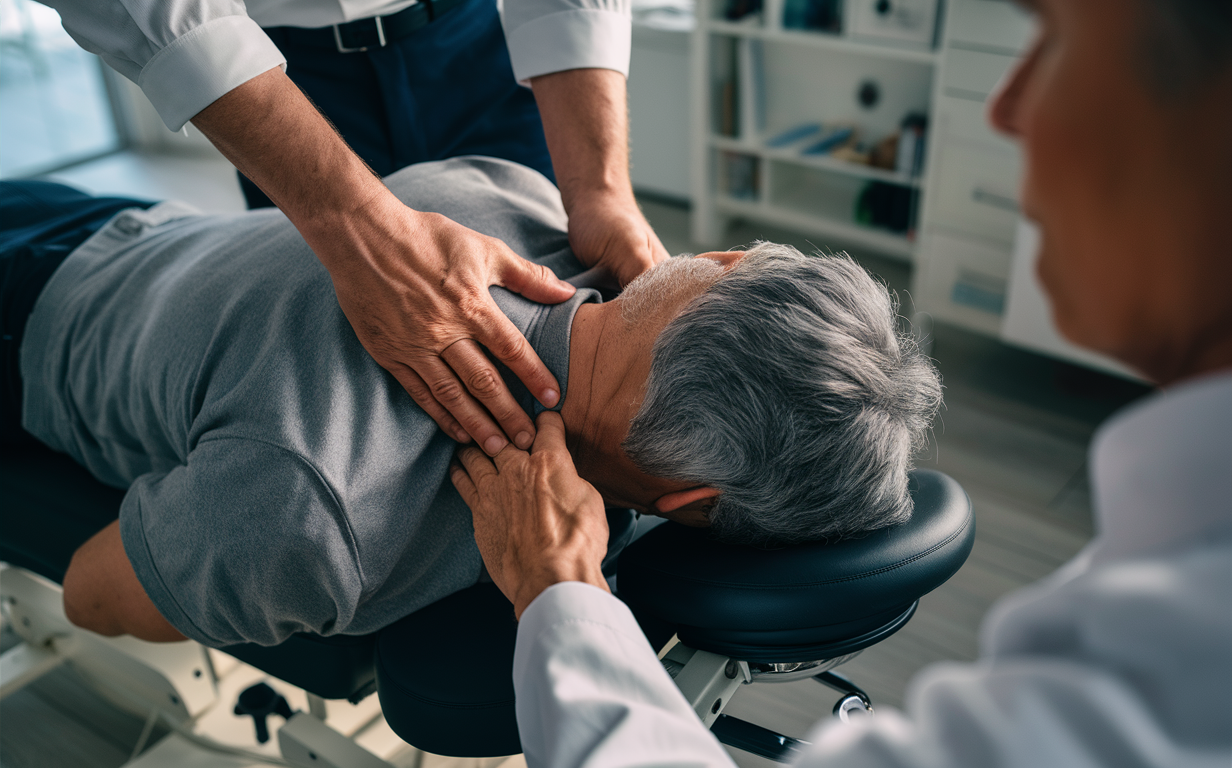Chiropractic Adjustment for Neck Pain Relief A chiropractor providing a gentle neck adjustment to an elderly patient lying on a treatment table, helping to relieve neck pain and headaches through effective chiropractic care.