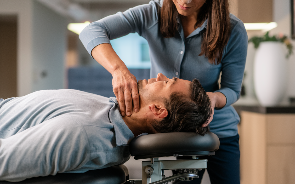 Chiropractic Treatment for Neck Pain and Headaches A chiropractor gently adjusts the neck of a patient lying on a treatment table, providing relief for neck pain and headaches in a clinical setting with anatomy charts visible.