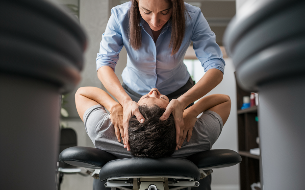 Chiropractor Providing Neck Adjustment for Pain Relief A chiropractor gently adjusts the neck of an elderly patient to alleviate neck pain and headaches