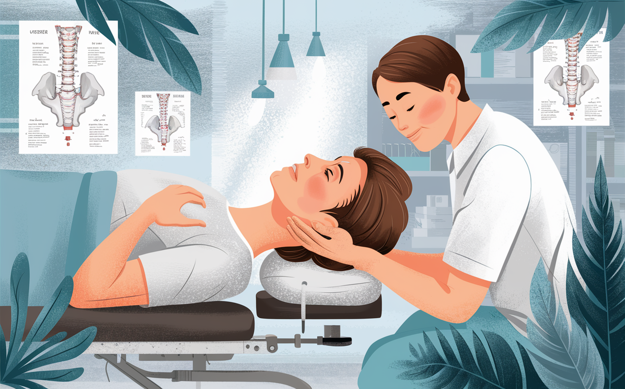 Chiropractic Treatment for Upper Spine Relief A chiropractor providing upper cervical spine adjustment to a patient lying on a treatment table in a clinical setting with anatomical spine charts on the walls