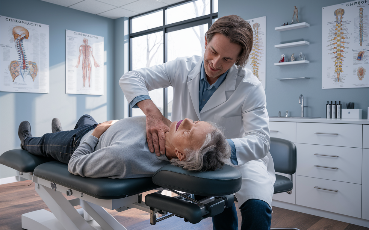 Chiropractic Adjustment for Neck and Spine Relief A chiropractor performs a gentle upper cervical adjustment on a patient lying on a treatment table, providing relief for neck and spine issues in a professional clinical setting.