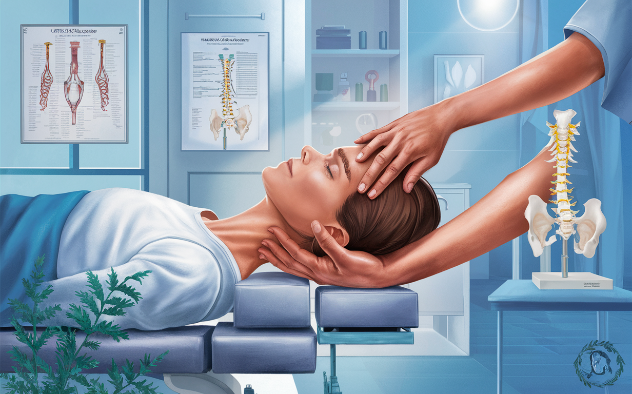 Experience Relief with Upper Cervical Chiropractic Care A woman receives a gentle upper cervical chiropractic adjustment in a clinical setting with anatomical charts displayed, providing relief and alignment for the spine and nervous system.