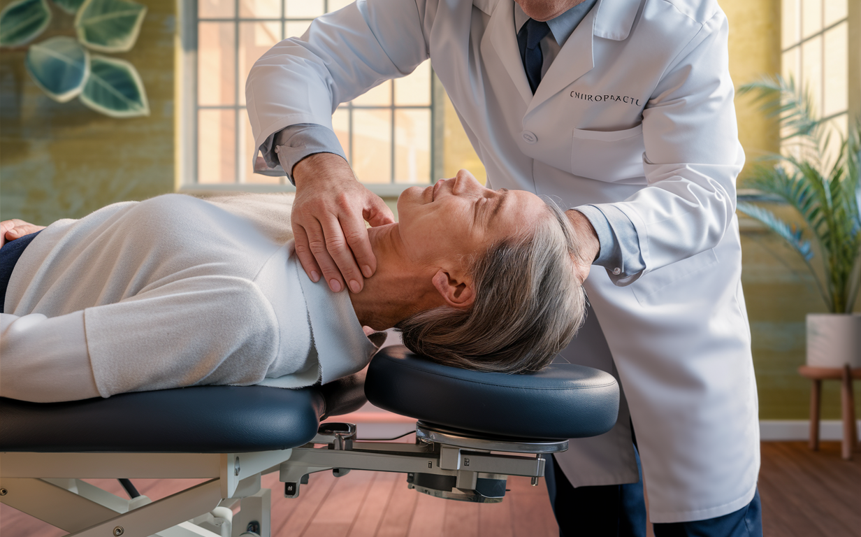 Chiropractor Providing Upper Cervical Adjustment A chiropractor adjusting an elderly patient's neck and upper spine on a treatment table in a chiropractic clinic with anatomical charts on the walls