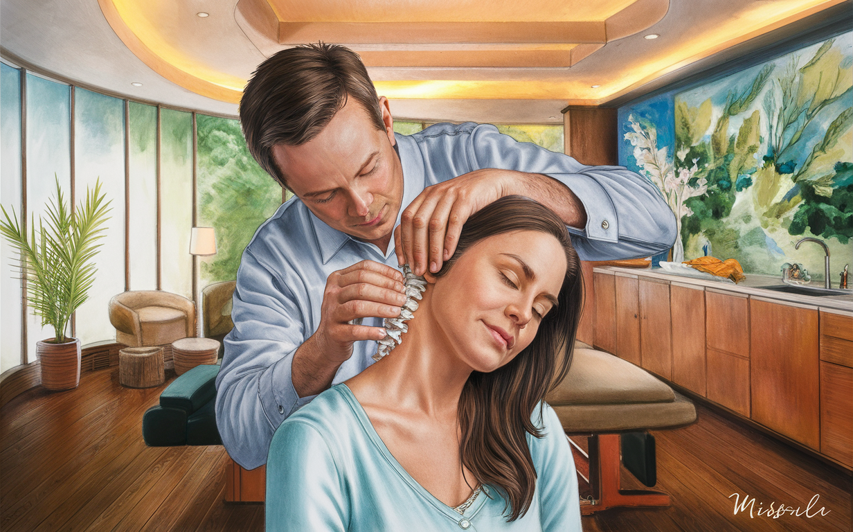 A chiropractor gently adjusting the neck of a patient lying on a massage table in a serene treatment room with nature-inspired artwork, providing upper cervical chiropractic care for relief from neck pain and discomfort in Missoula.