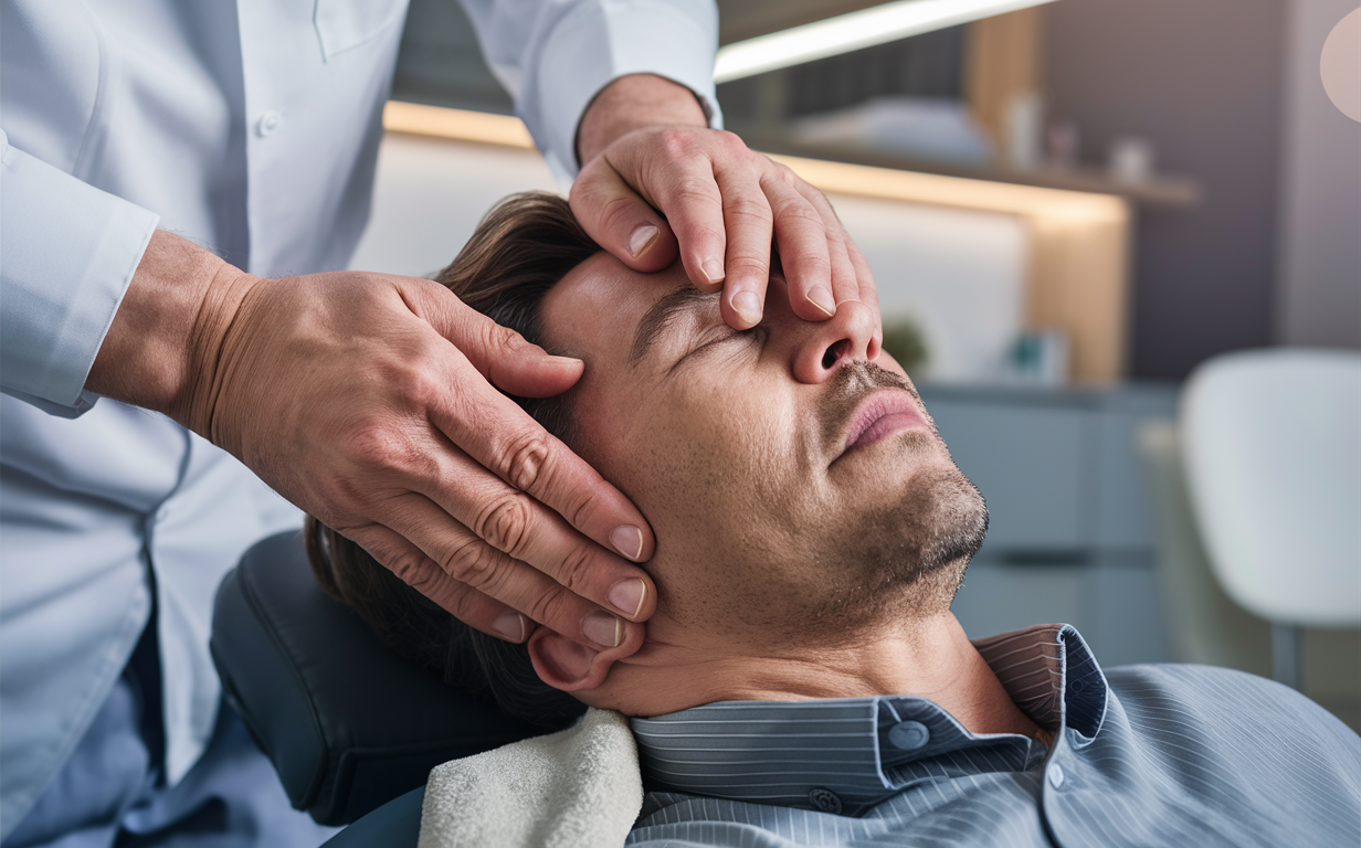 A chiropractor performing an upper cervical adjustment on a patient, providing relief and care