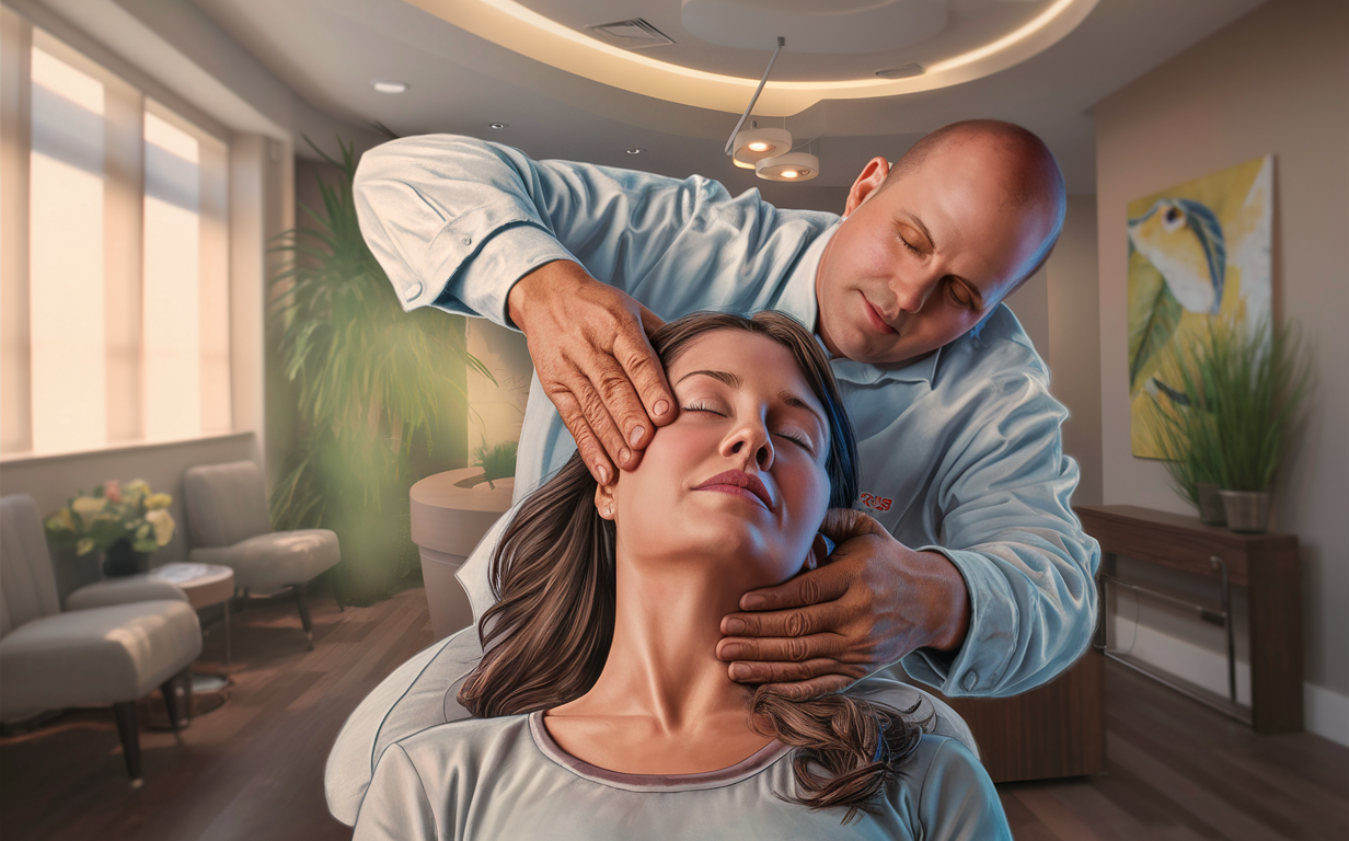 A chiropractor gently adjusting the upper cervical spine of a patient in a calming office environment, providing relief through upper cervical chiropractic care.