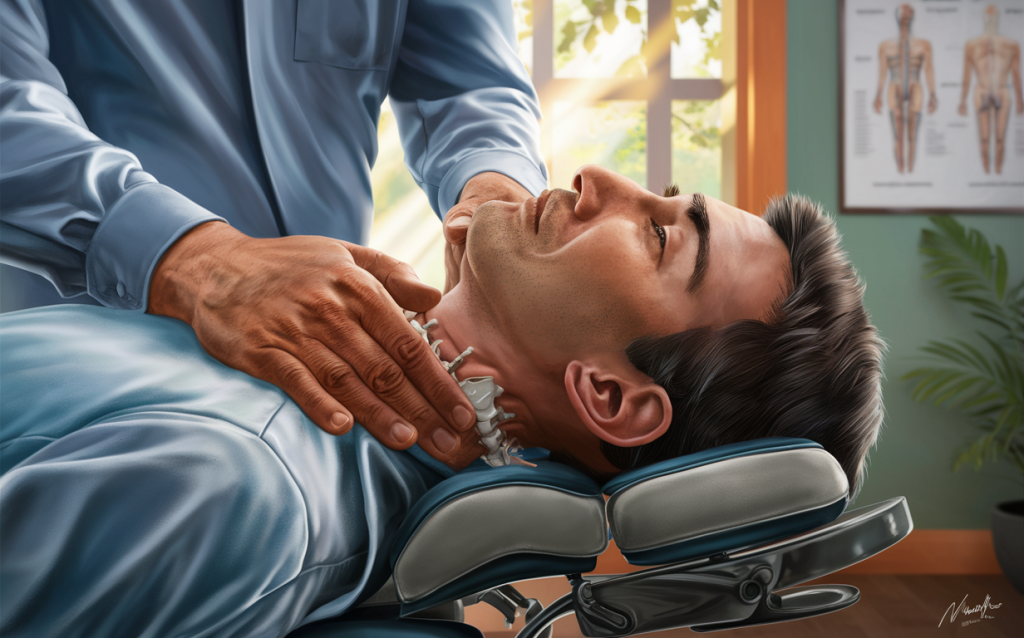 A chiropractor performing an upper cervical adjustment on a patient's neck to provide relief chiropractic care for neck pain