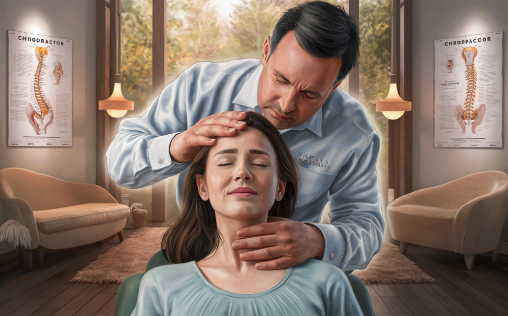 A chiropractor gently adjusts the upper cervical spine of a patient, providing relief in a professional clinical setting with anatomical posters on the walls.