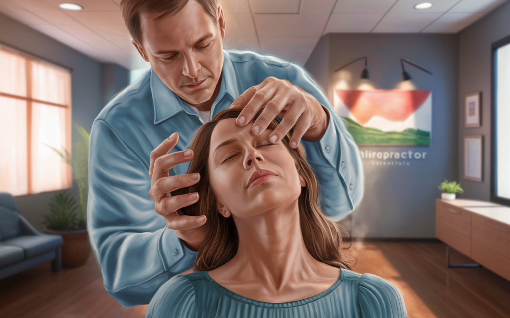 A chiropractor performing an upper cervical adjustment on a female patient in a chiropractic office setting