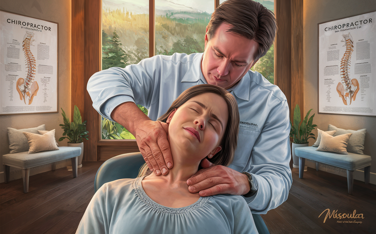 A chiropractor gently adjusts the neck of a patient, providing relief in a professional clinical setting with anatomical posters on the wall.