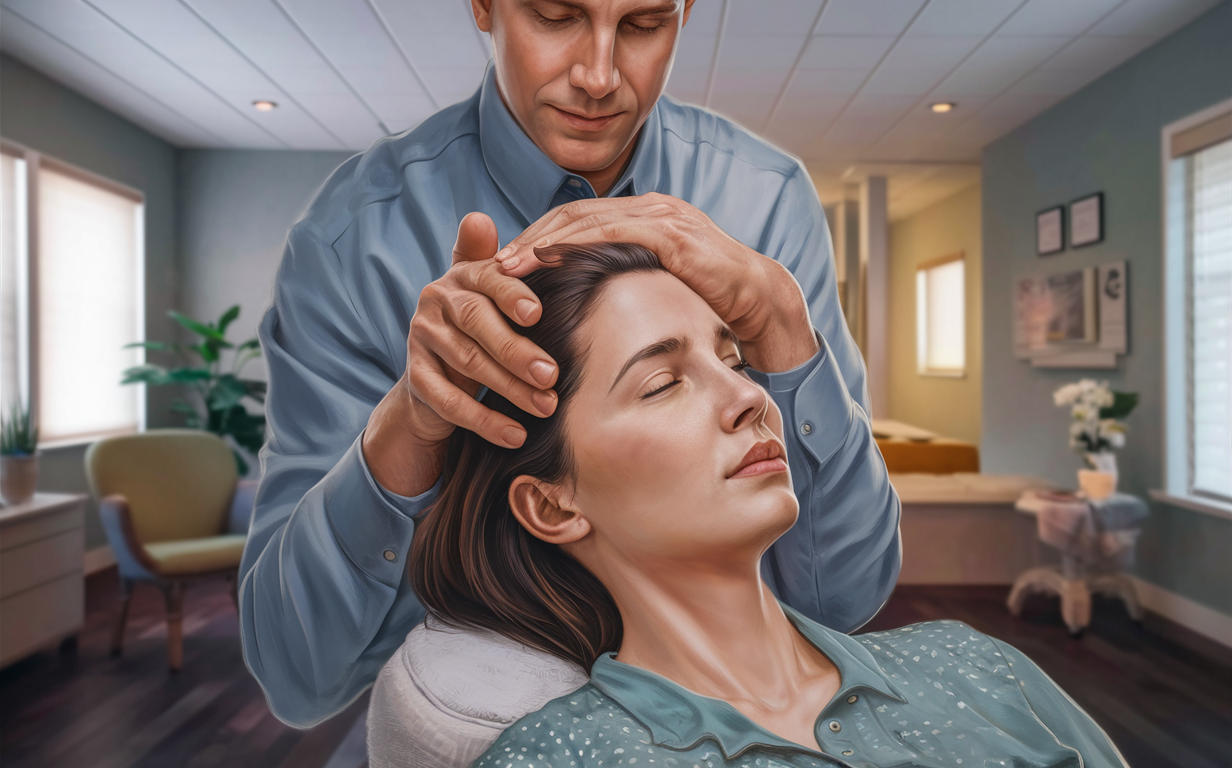 A chiropractor gently adjusts the upper cervical spine of a patient lying on a treatment table, providing relief through upper cervical chiropractic care.