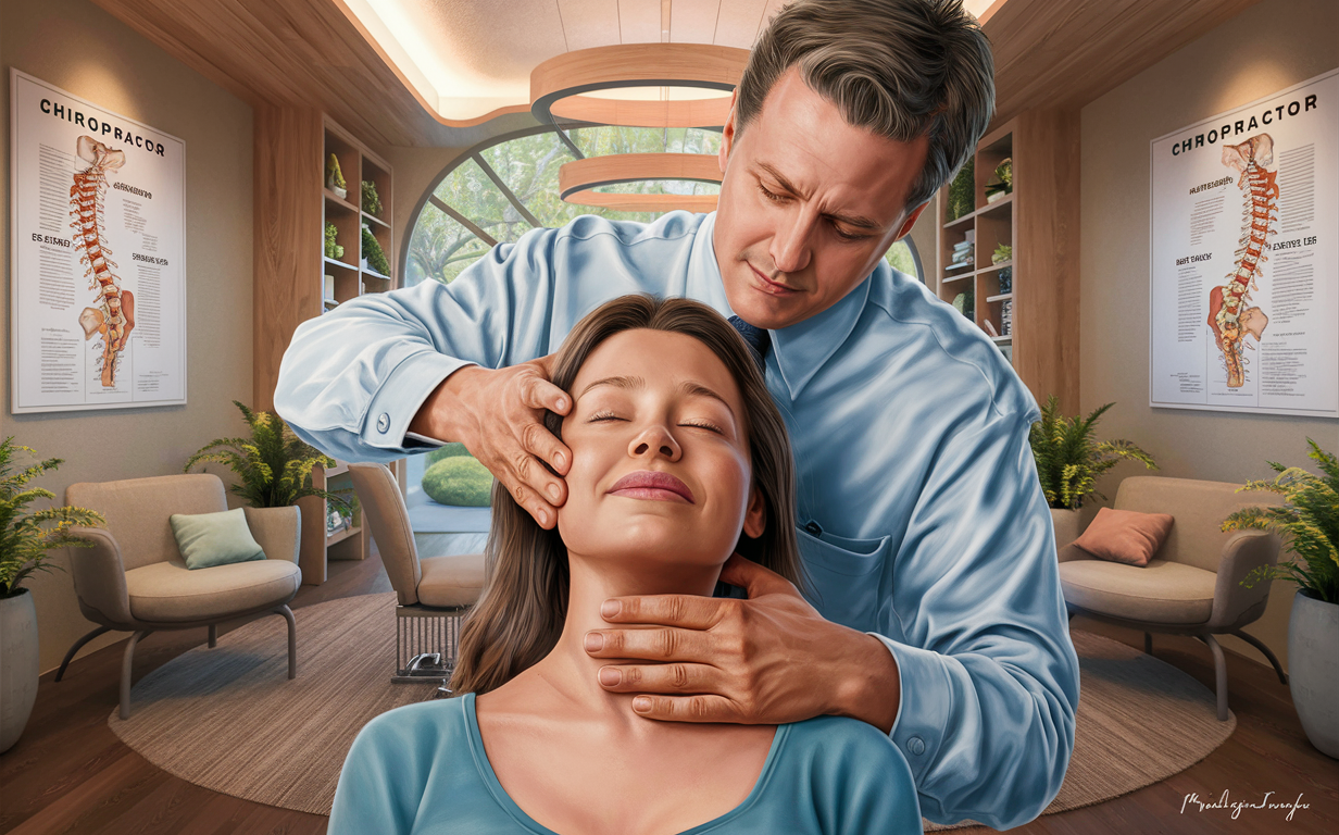 A chiropractor gently adjusting the neck of a patient in a relaxing office environment with scenic landscape artwork and anatomical reference posters.