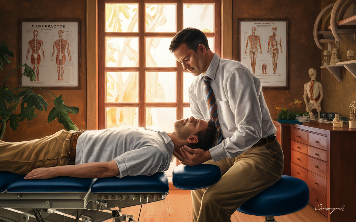 Chiropractic Treatment for Natural Healing A chiropractor examines a patient lying on a treatment table in a serene office setting with potted plants.