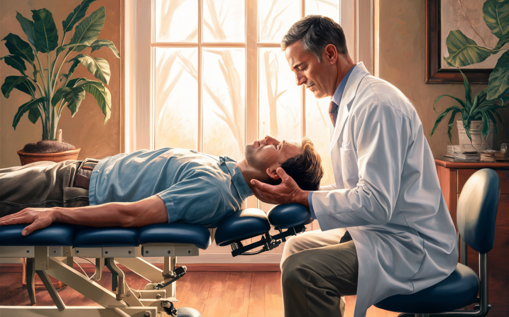 A chiropractor performing a spinal adjustment on a patient lying on a treatment table in a tranquil office setting with potted plants. Upper Cervical Chiropractic Techniques