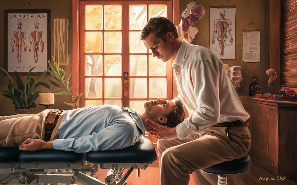 Chiropractic Adjustment: Providing Natural Relief A chiropractor gently adjusts a patient lying on a treatment table in a professional office setting with anatomical charts on the wall, promoting natural healing through chiropractic care.