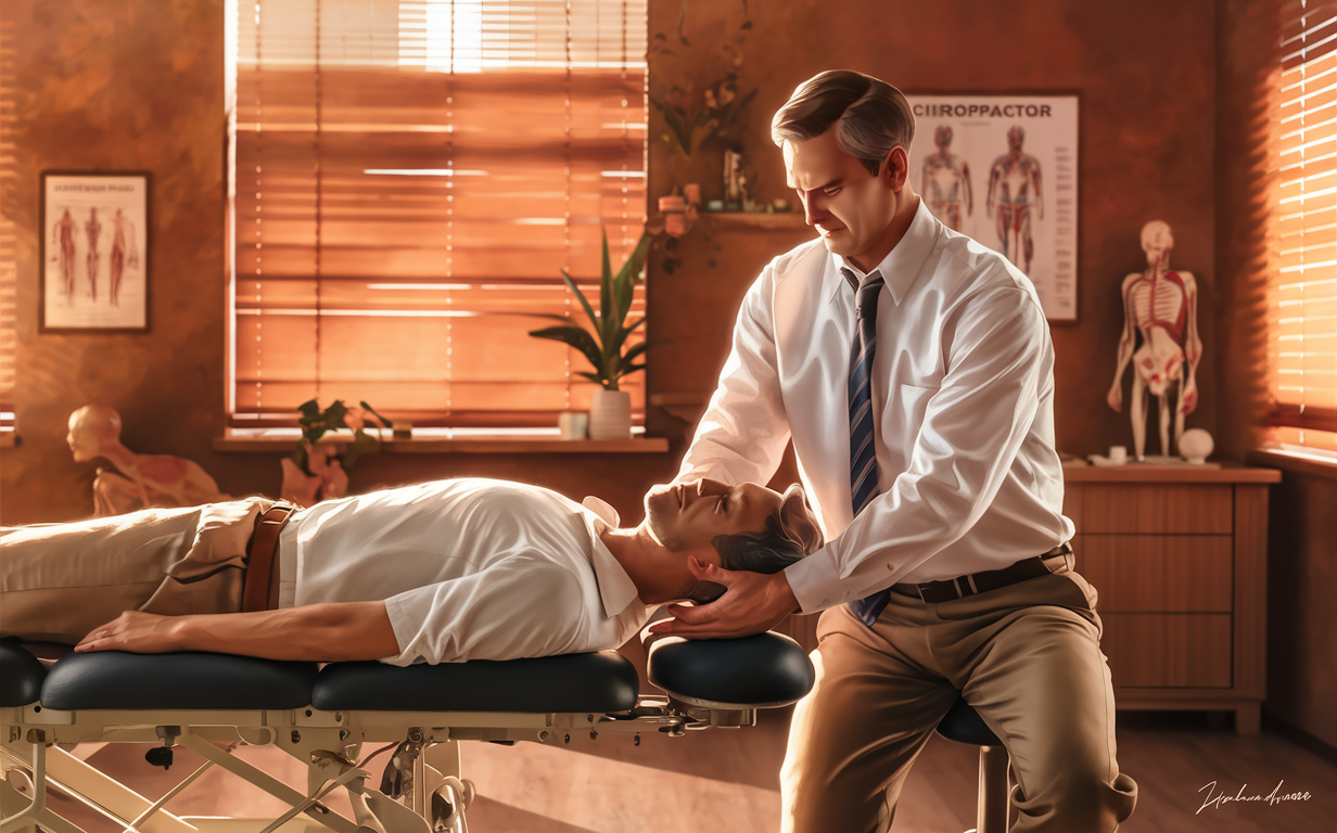 Chiropractic Treatment for Natural Healing A chiropractor providing spinal adjustment to a patient on a treatment table in an office setting with anatomical charts on the walls