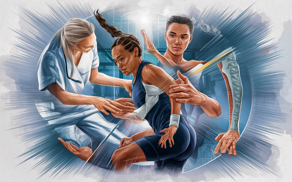 An illustration depicting chiropractors providing treatment to athletes with sports injuries, using manual techniques and spinal adjustments to help maximize athletic performance and recovery.