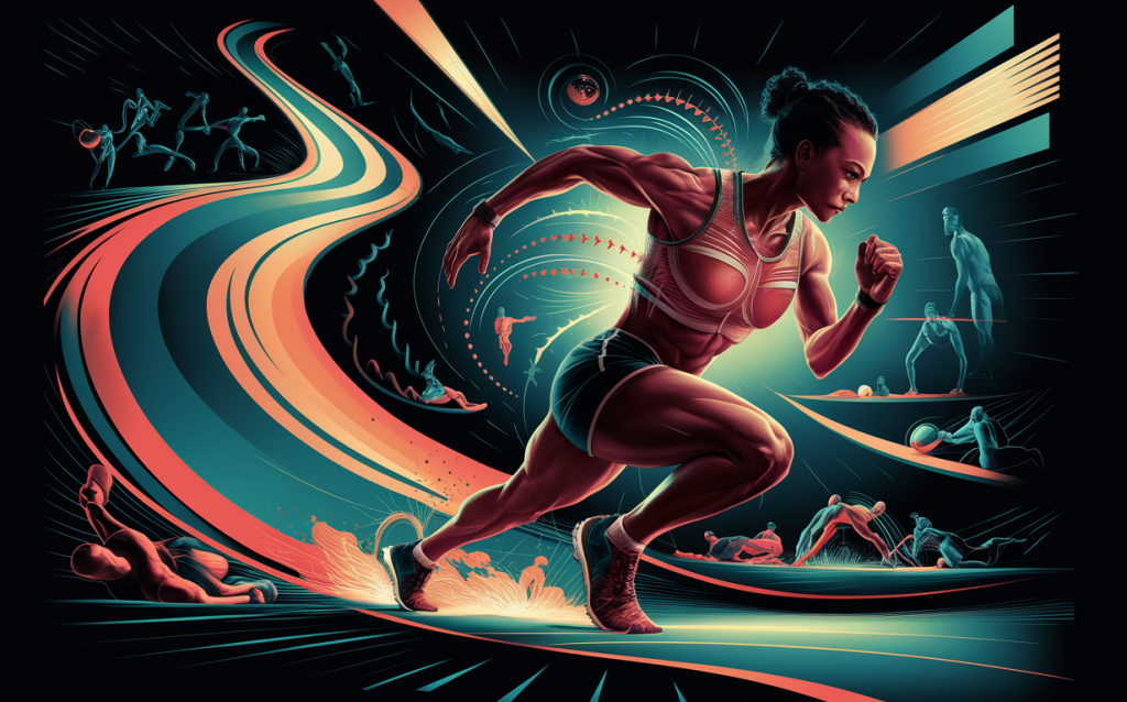 An illustration depicting a female runner in dynamic motion, surrounded by abstract patterns and figures representing the energy and flow of athletic performance enhanced by chiropractic care.