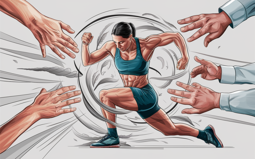An illustration of a muscular female athlete in sportswear, pushing through a swirl of disembodied hands reaching towards her, representing the challenges and obstacles she faces in pursuing athletic excellence.
