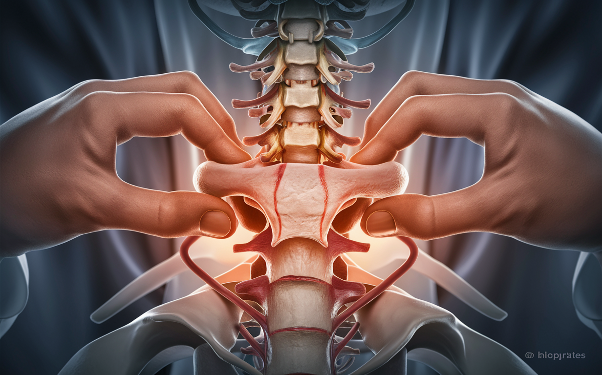 A detailed illustration of the cervical spine, with hands examining the vertebrae and nerve pathways