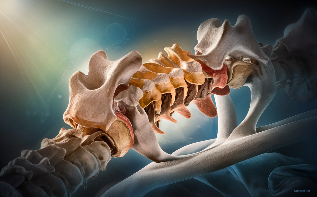 An illustration depicting the upper cervical spine and hands performing an orthospinology adjustment, highlighting the critical areas of the neck vertebrae and nerves involved in this chiropractic treatment approach.
