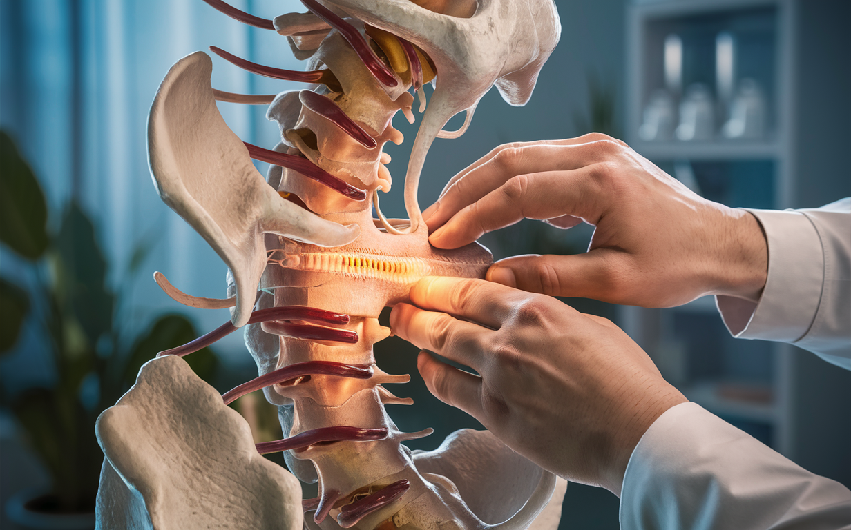 An intricate 3D illustration depicting the detailed anatomy of the upper cervical spine, showcasing the vertebrae, intervertebral discs, and surrounding structures relevant to orthospinology and Grostic procedures in chiropractic care.